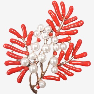 Red enamel brooch with pearl setting