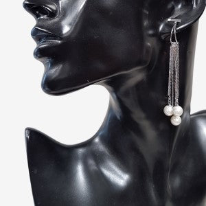 Silver color multiple chain drop earrings with pearls