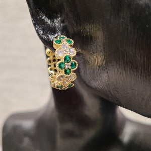 Small gold frame hoop earrings with green and white stones