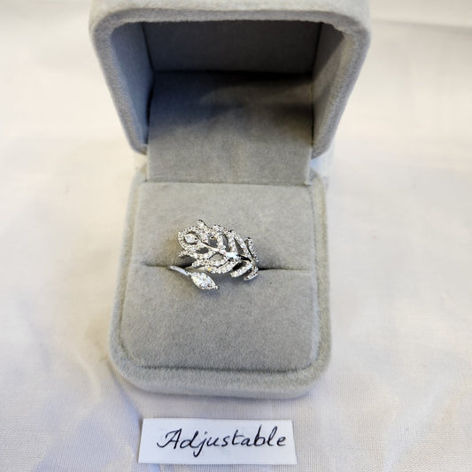 Nature inspired adjustable silver color ring with clear stones