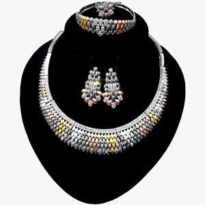 Five piece jewelry set in multi-colored metallic frame