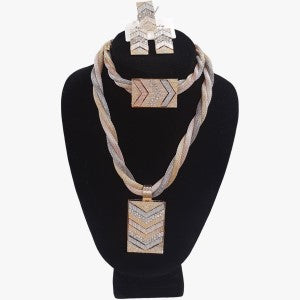 Multi-colored metallic frame jewelry set with clear stones