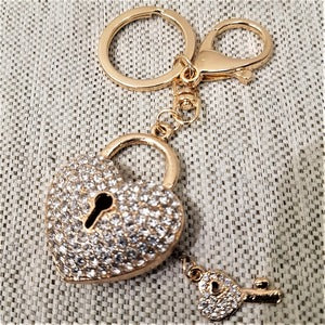 Heart shaped lock and key purse charm with stones