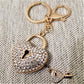 Heart shaped lock and key purse charm with stones