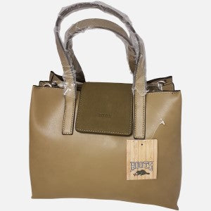 Roots handbag in army green color with shoulder strap and top handle.