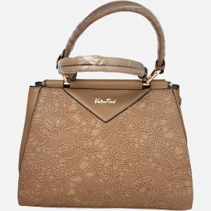 Handbag in Taupe color with top handle and shoulder strap.