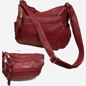 Red artificial leather multiple compartment handbag