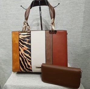 Fashion handbag with colorful panels and brown wallet 