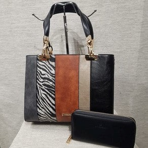 Front view of Fashion handbag with colorful panels and black wallet