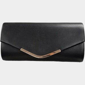 Party purse in black with V shaped flap adorned with gold trim