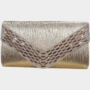 Gold party purse with stone embellished Vee front flap