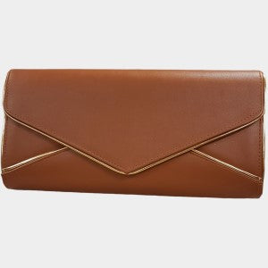 Tan colored party purse with flap closure