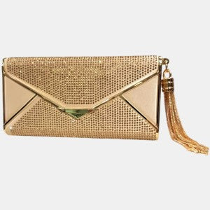 Elegant party purse in gold color with stones and tassel