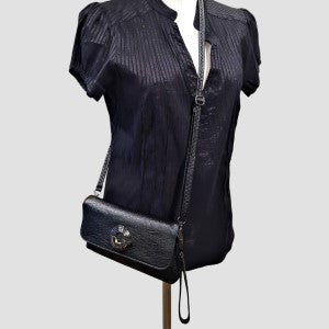 Black side bag with wrist and shoulder strap