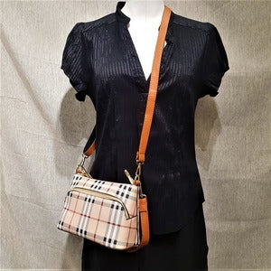 Plaid patter side bag with tan straps