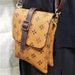 Detailed view of Side bag in tan with brown geometric print