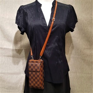 Full view of Checkered print small side bag with cell phone compartment