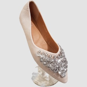 Cream color flat shoes with stone embellishment