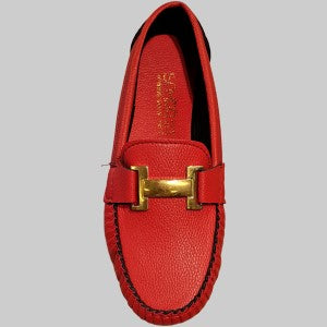 Front view of red color loafer with gold color fancy buckle