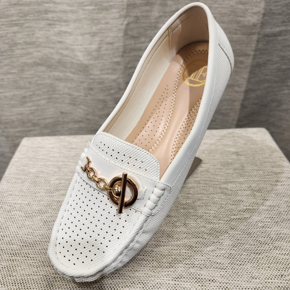 White color flat shoes for women with gold buckle