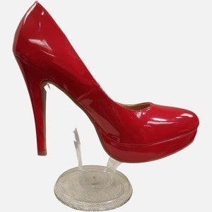High heel red patent material pumps