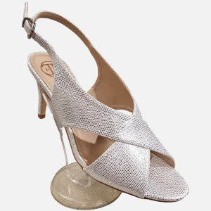 Open toe silver and white heels