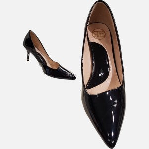 Black patent finish pointed toe heels