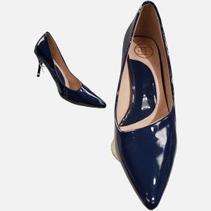 Blue patent finish pointed toe heels