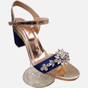 Block heels in blue and gold with stones 