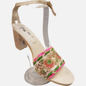 Colorful embroidered block heels