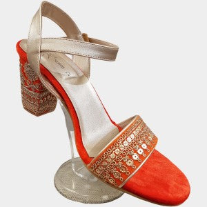 Orange colored shoes in suede materialOrange colored block heels in suede with gold embroidery