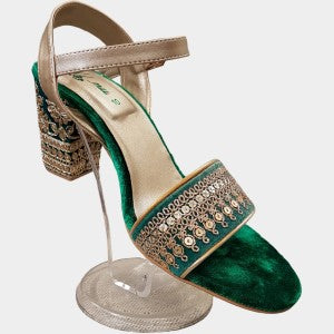 Green colored block heels in suede material