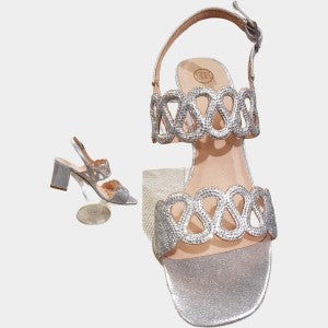 Open toe block heels in silver color with self color stones