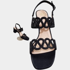 Open toe block heels in black color with self color stones