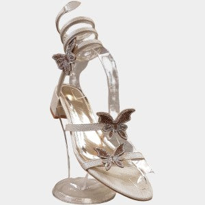 Light gold block heels with wrap around ankle strap