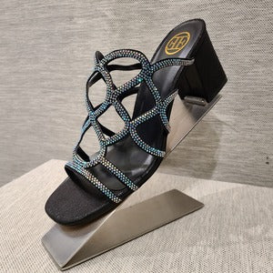 Black open toe party heels with AB stones