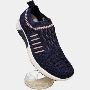 Slip on runners for women in navy blue with pink stripes