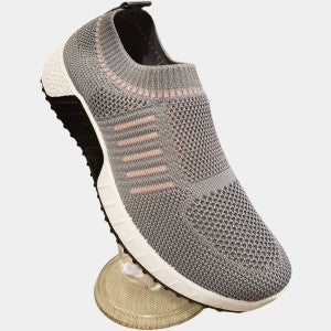 Slip on runners for women in light grey with pink stripes