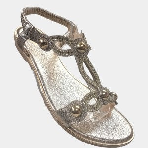 Sling back light gold sandal adorned with studs and stones
