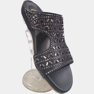 Slip-on summer sandals in black with grey stones