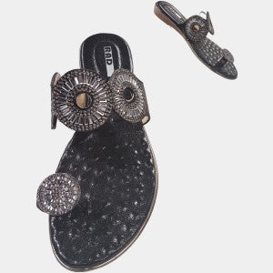 Slip-on summer sandal in black adorned with grey stones