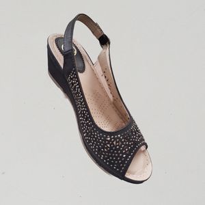 Black platform heel summer sandal with silver studs