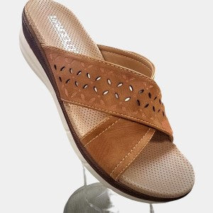 Slip-on sandals with tan upper and comfortable sole