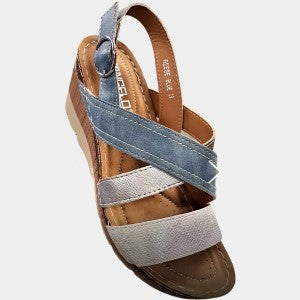 Platform heel sandals with blue and silver grey upper
