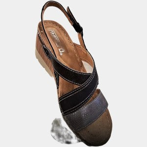 Platform heel summer sandals in black and pewter upper