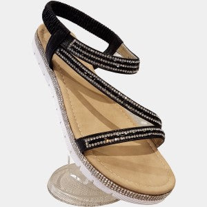 Open-toe black upper summer sandals with stones