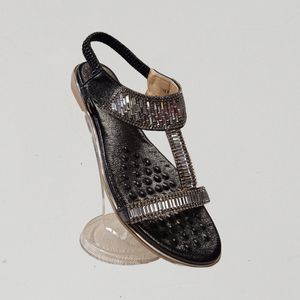 Black sling-back summer sandal with grey stones