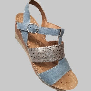 Side view of sling-back, platform heel sandal for women with comfy sole, in blue and pewter.