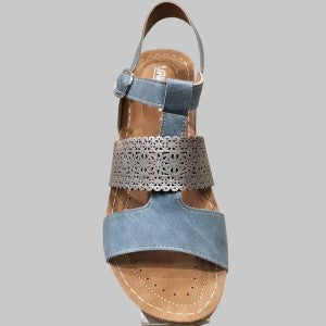 Front view of sling-back sandal with blue and pewter upper