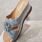 Side view of light blue slip-on sandals